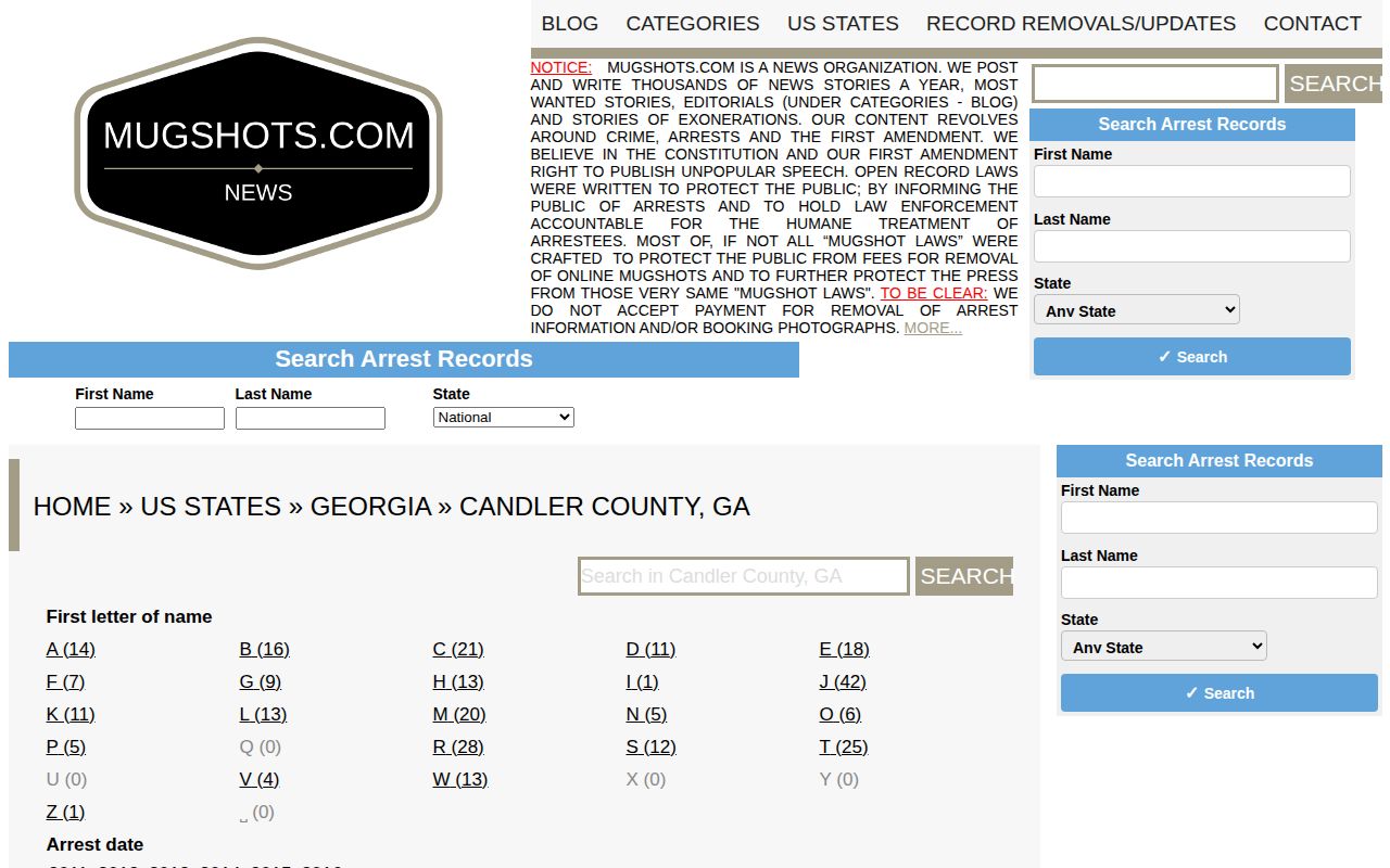 Historical Mugshots.com Candler County archive with an outdated coverage warning