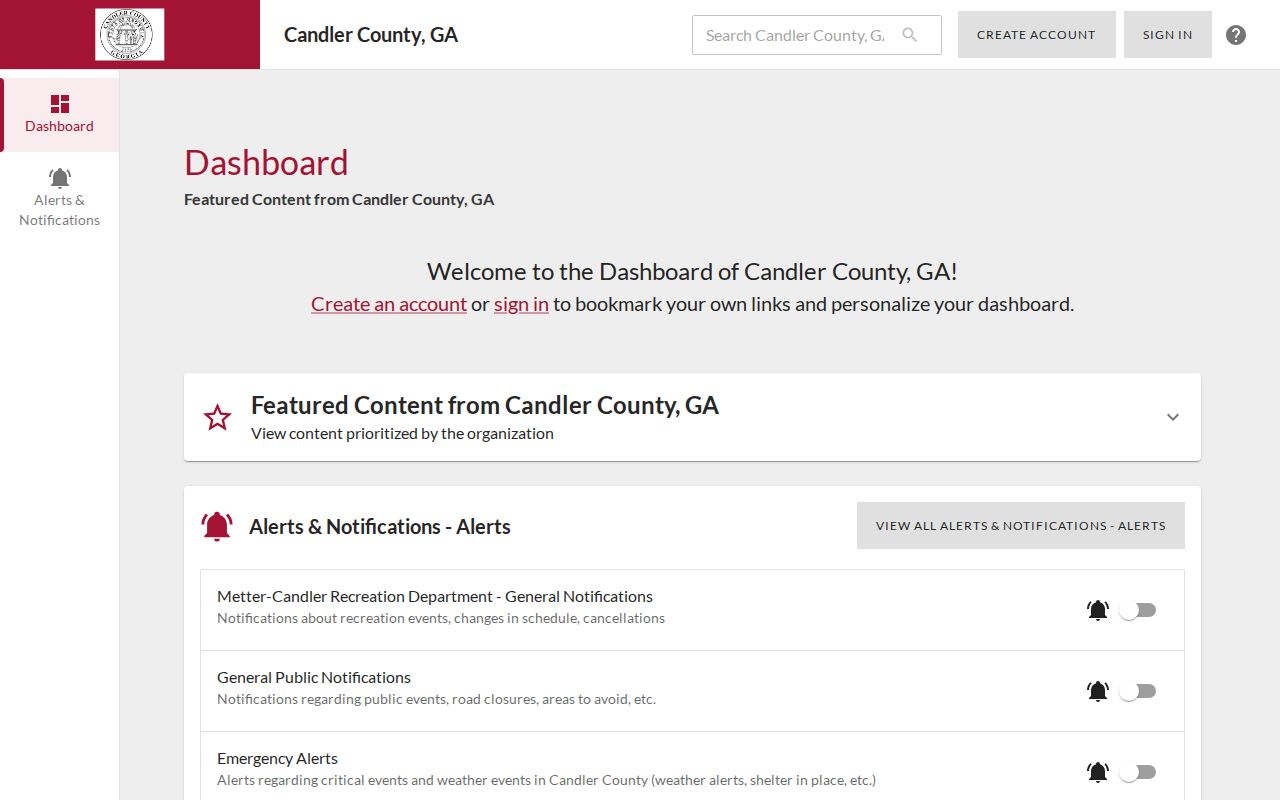 Candler County CivicPlus alert dashboard, separate from a booking feed